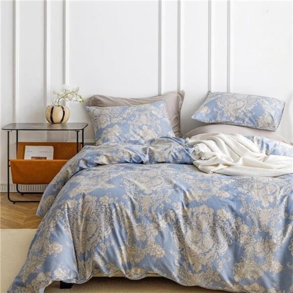 NEW Anthro Blue Damask Luxury 100% Cotton Boho Queen King Bedding Duvet Sham Set